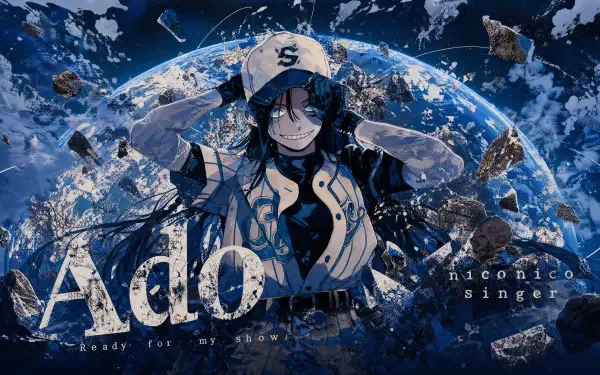 I don't know who this person is. Alt: Anime-style singer in a blue cap and jacket smirks amid floating rock shards around a fractured Earth, stylized text and 4K Ultra HD PC desktop wallpaper.