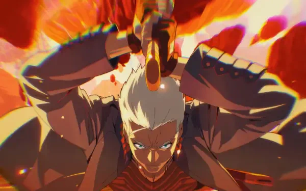 Devil May Cry (2025) 4K Ultra HD PC wallpaper: white-haired demon hunter hoists a blazing sword overhead, fierce glare, red-orange inferno background and dynamic anime-style action.