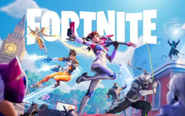 Fortnite Battle Royale characters leaping into action across a colorful cityscape — vibrant 4K Ultra HD PC desktop wallpaper background.