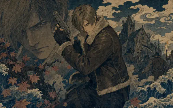 Resident Evil 4 4K Ultra HD PC desktop wallpaper: Leon S. Kennedy in a fur-lined jacket aims a pistol against a stylized village backdrop with crashing waves and floral motifs.