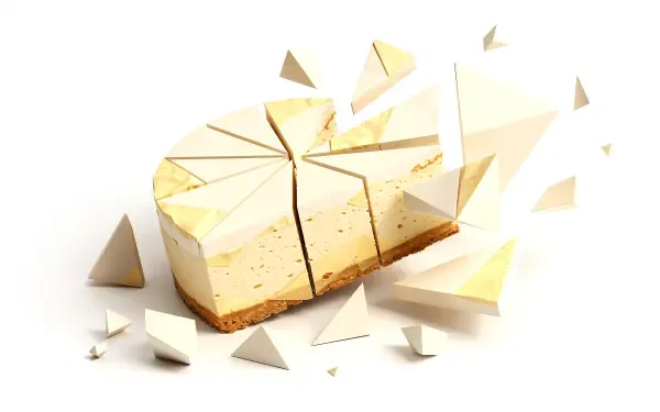 Minimalist cheesecake with a sliced wedge and scattered geometric shards on a white field — 4K Ultra HD PC desktop wallpaper and background.