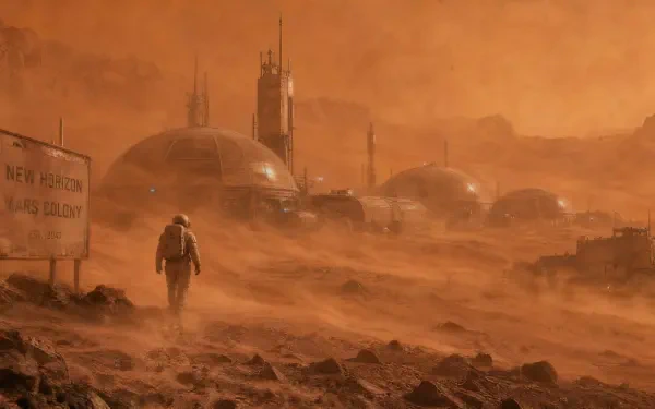 4K Ultra HD PC desktop wallpaper and background showing a futuristic Mars colony: domed habitats, solar arrays and rovers spread across a red rocky plain beneath a vast, starry sky.