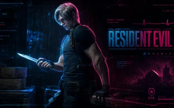 Resident Evil 4 4K Ultra HD PC desktop wallpaper and background: Leon S. Kennedy aiming a handgun in a foggy, dilapidated village with dramatic lighting and high-detail textures.