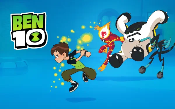Ben 10 TV show 4K Ultra HD PC desktop wallpaper: Ben Tennyson running on a bright blue background with three alien forms and sparkling energy effects.