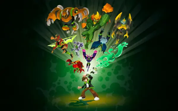 Ben 10 TV show 5K Ultra HD PC wallpaper: Ben Tennyson activates the Omnitrix while multiple alien forms burst outward over a glowing green background.