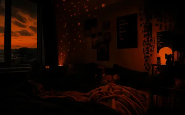 Sleepcore 4K Ultra HD PC Desktop Wallpaper & Background: dim bedroom in orange sunset glow, starry projector specks on walls, rumpled bed and posters creating a cozy nocturnal mood.