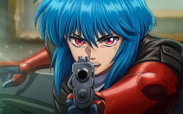 The Ghost In The Shell 2026 5K Ultra HD PC wallpaper: Motoko Kusanagi—retro anime waifu with blue hair and red cyber-suit aiming a pistol in a tense close-up.