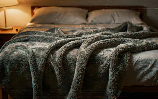 4K Ultra HD PC desktop wallpaper of a rumpled bed lit by a warm bedside lamp, soft textured cozy blanket draped over sheets and pillows.