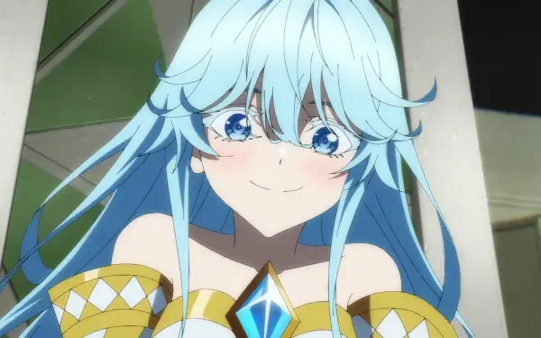 HD PC desktop wallpaper of Elfaria Alvis Serholt from the anime Wistoria: Wand and Sword — smiling blue‑haired elf in an ornate yellow outfit with a glowing blue gem.
