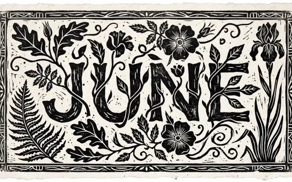 Vintage black-and-white woodcut reading JUNE framed by ferns, flowers and ornate border — 5K Ultra HD PC desktop wallpaper/background.