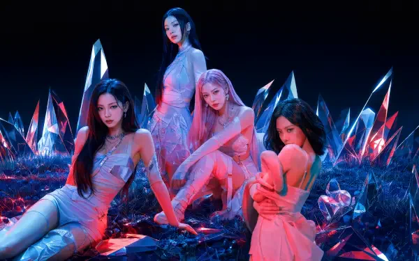 4K Ultra HD PC desktop wallpaper of four female K-pop performers posed among glowing crystalline formations, bathed in neon blue and magenta light.
