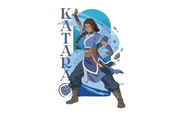 Katara from Avatar: The Last Airbender in a dynamic waterbending pose with swirling water and rocks, KATARA vertical beside her; 4K Ultra HD PC desktop wallpaper and background.