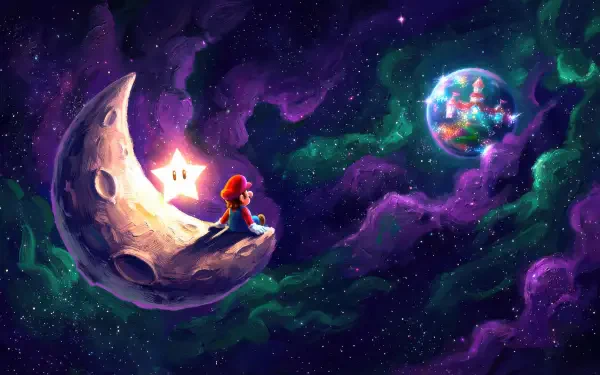 Mario and a Luma sit on a crescent moon, gazing at a colorful planet amid purple-green nebulae — The Super Mario Galaxy Movie 4K Ultra HD PC desktop wallpaper.