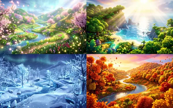 Vibrant 5K Ultra HD PC desktop wallpaper and background showing a four-season panorama — blossoming spring, sunlit summer coast, snowy winter forest, and golden autumn valley in quadrant layout.