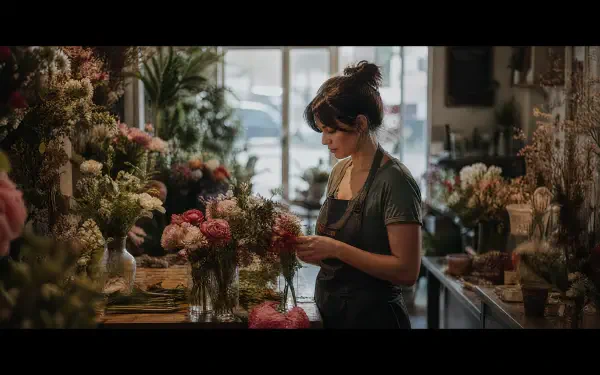4K Ultra HD PC desktop wallpaper and background: cozy flower shop interior with a florist arranging blooms at a workbench, soft natural light through the front windows.
