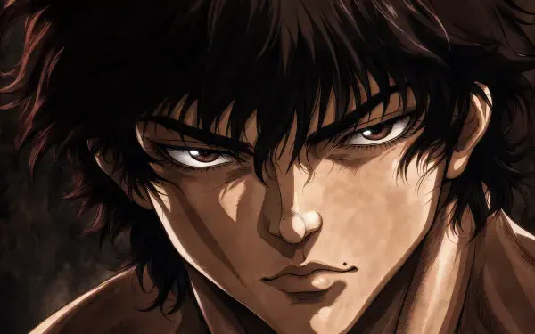 Close-up of Baki Hanma from the anime, intense glare and tousled hair in dramatic shadow — 4K Ultra HD PC desktop wallpaper and background.