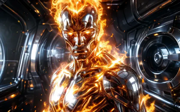 4K Ultra HD PC desktop wallpaper showing a metallic fire elemental — a humanoid wreathed in molten flames inside a sleek futuristic engine room.