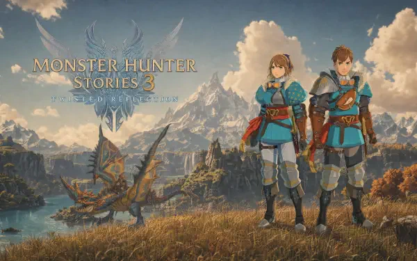 Monster Hunter Stories 3: Twisted Reflection video game art showing two armored riders and a wyvern on a grassy ridge with mountains and clouds — 4K Ultra HD PC desktop wallpaper/background.