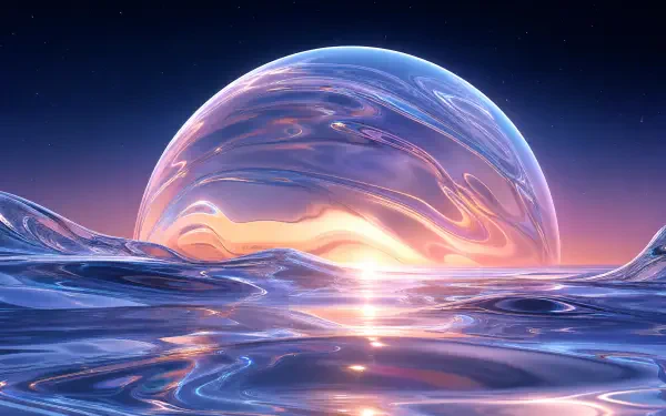 4K Ultra HD PC desktop wallpaper: glowing planet rise over a mirrored alien ocean, pastel skies and a radiant, shimmering horizon.