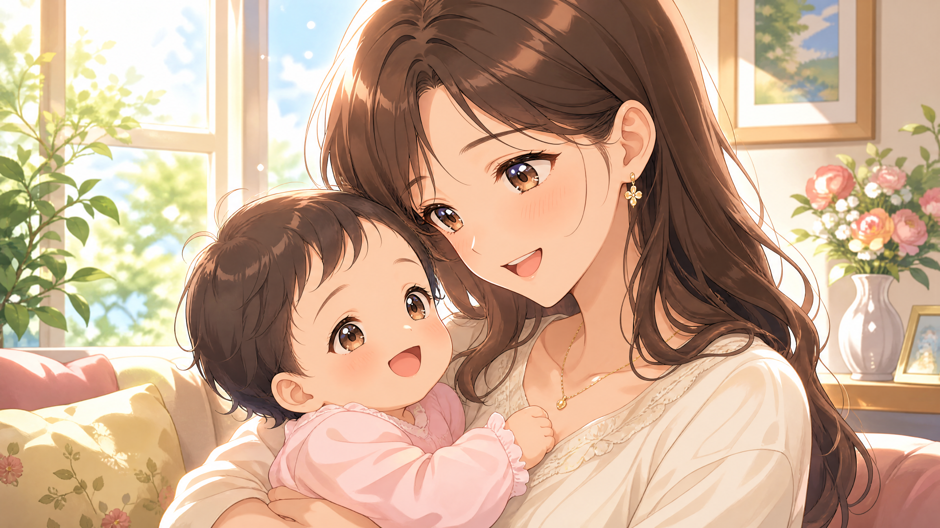 Mother and baby in a sunlit room, smiling as the mother cradles the laughing infant — 4K Ultra HD PC desktop wallpaper background.