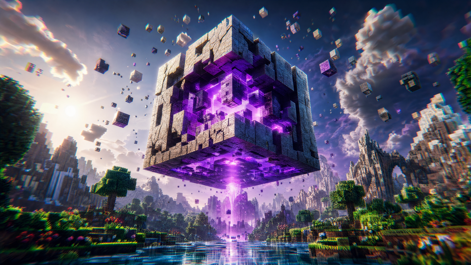 4K Ultra HD PC Desktop wallpaper and background: colossal floating voxel cube radiating purple energy beam above a reflective river, surrounded by blocky forests, mountains and dramatic clouds.