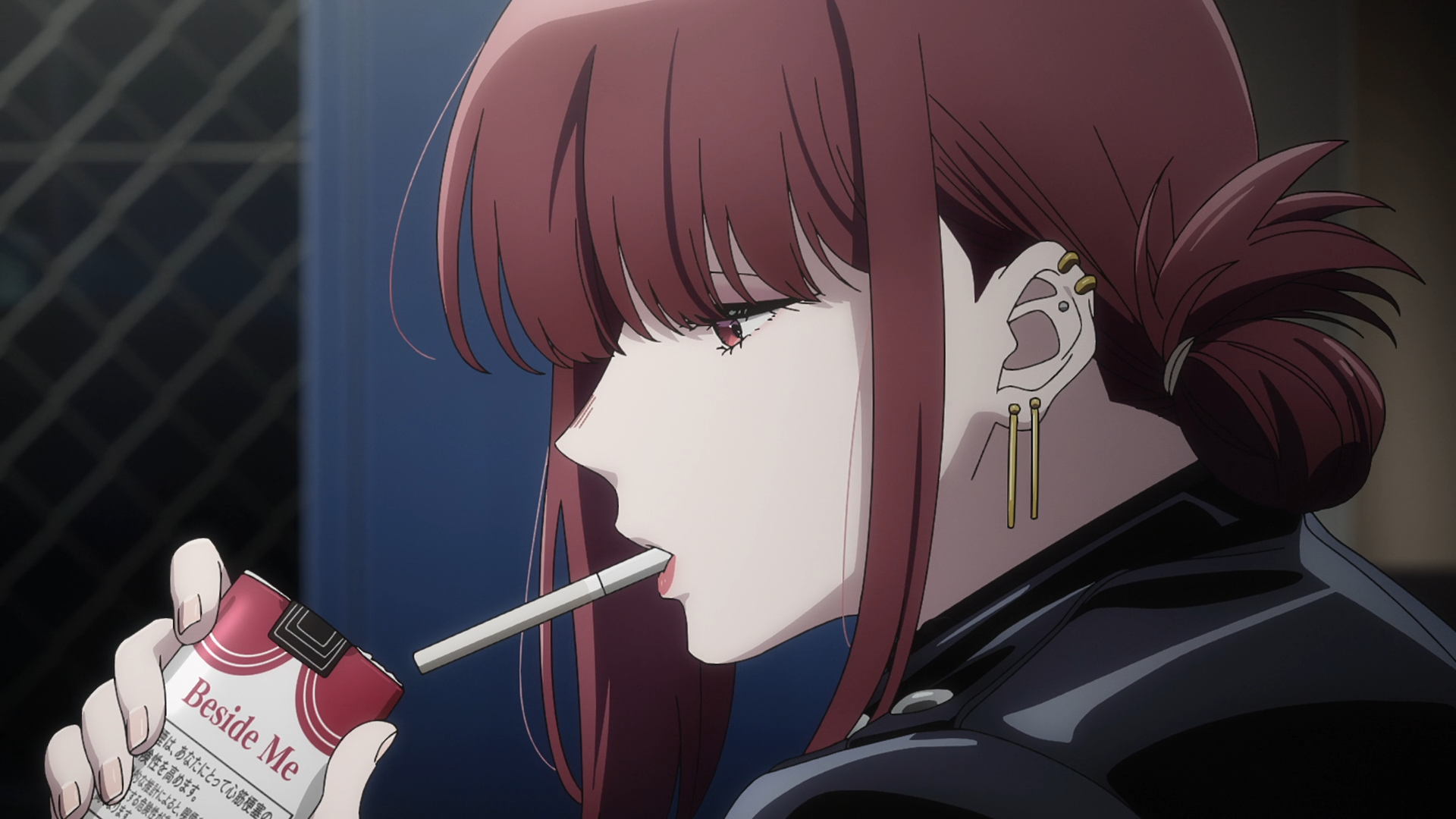HD PC wallpaper: Anime character Yamada from Smoking Behind the Supermarket with You — red-haired in profile, tied ponytail and ear piercings, holding a cigarette behind a supermarket.