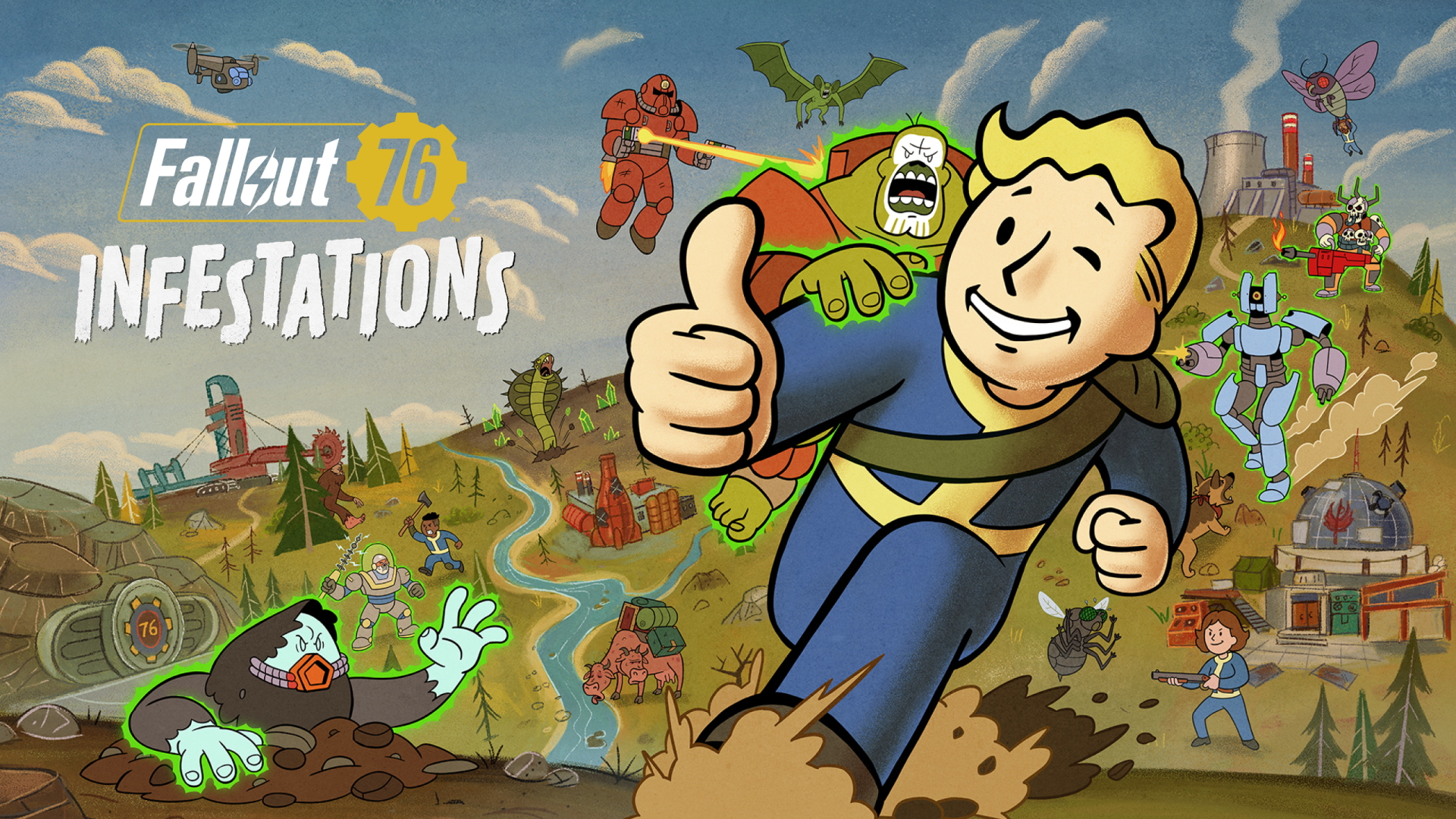 Fallout 76 video game 2K Quad HD PC background: Vault Boy giving a thumbs-up as he runs across a cartoon Fallout wasteland with mutants, power armor, and the Infestations logo.