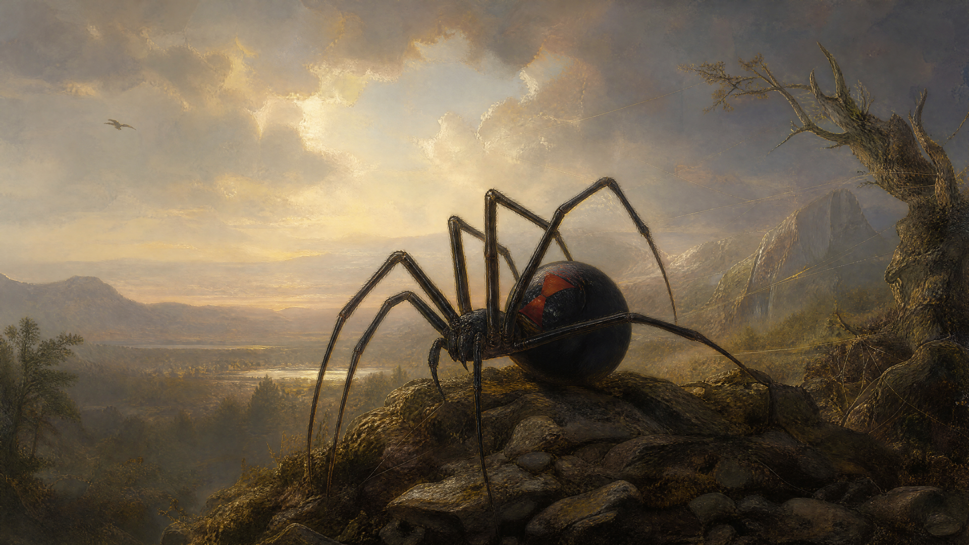 4K Ultra HD PC desktop wallpaper: a black widow spider with red hourglass perched on a rocky outcrop, overlooking a misty valley bathed in golden sunset light.
