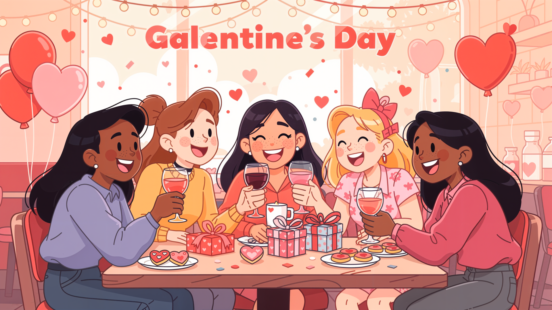 Galentine's Day 4K Ultra HD PC desktop wallpaper: five friends share wine, gifts and sweets at a heart-decorated table, smiling under string lights.