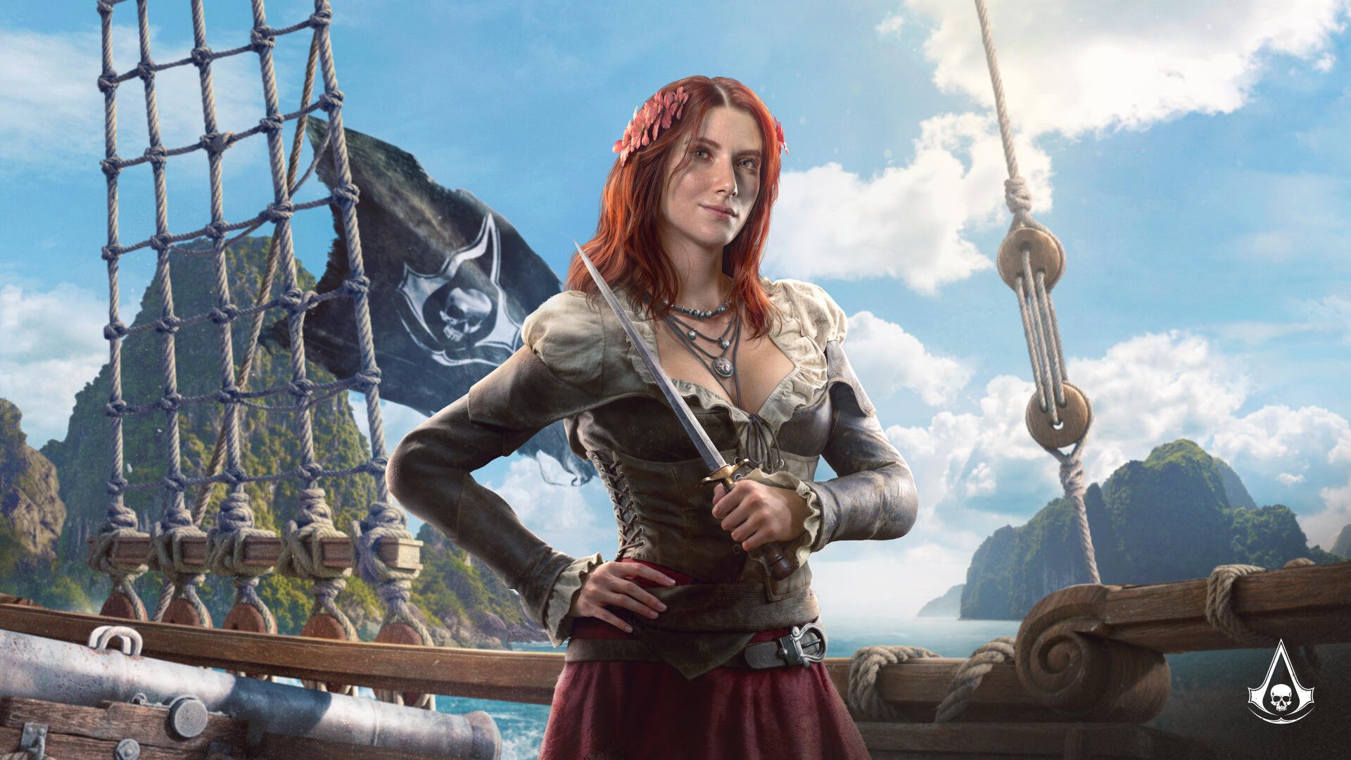 5K Ultra HD PC desktop wallpaper showing a red-haired pirate woman on a ship - video game art from Assassin's Creed Black Flag Resynced (Assassin's Creed), sails and ocean behind her.