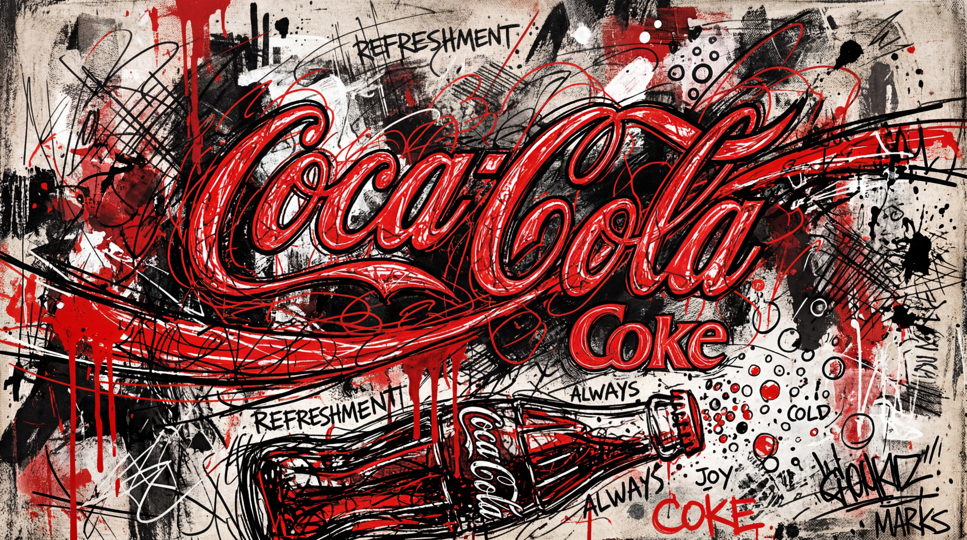 Vibrant graffiti-style Coca-Cola artwork in red, black and white with bold script logo, bottle sketch and graffiti text — 5K Ultra HD PC desktop wallpaper/background.