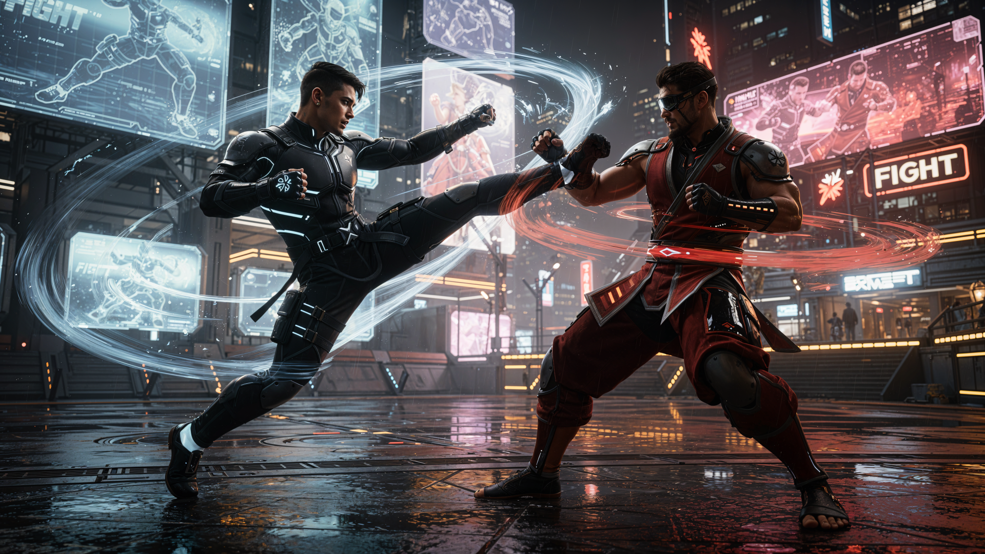 4K Ultra HD PC desktop wallpaper: two martial artists clash in a neon, rain-slicked futuristic city — one lands a high kick as the other raises an arm to block.