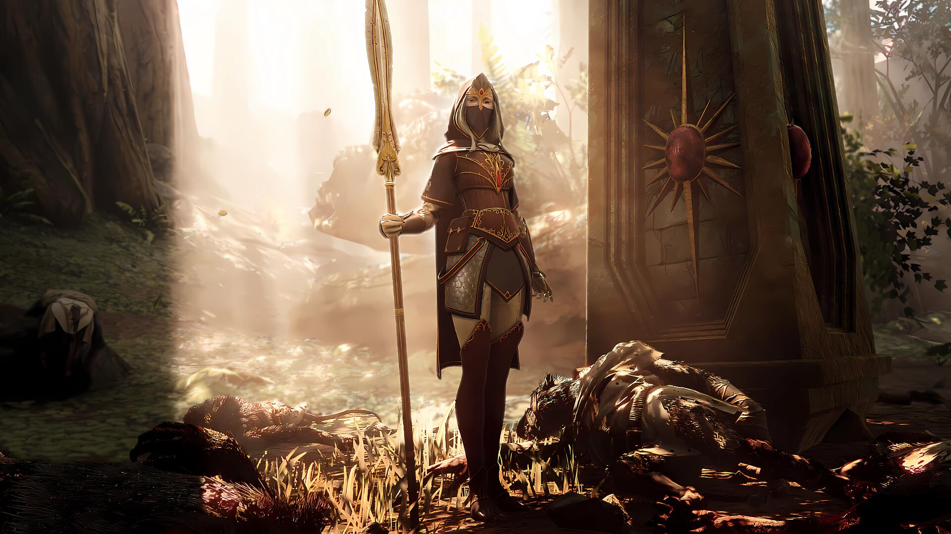 Warhammer: End Times — Vermintide 8K Ultra HD PC desktop wallpaper: hooded armored warrior with spear stands in a sunlit forest clearing beside fallen foes and a tall banner.