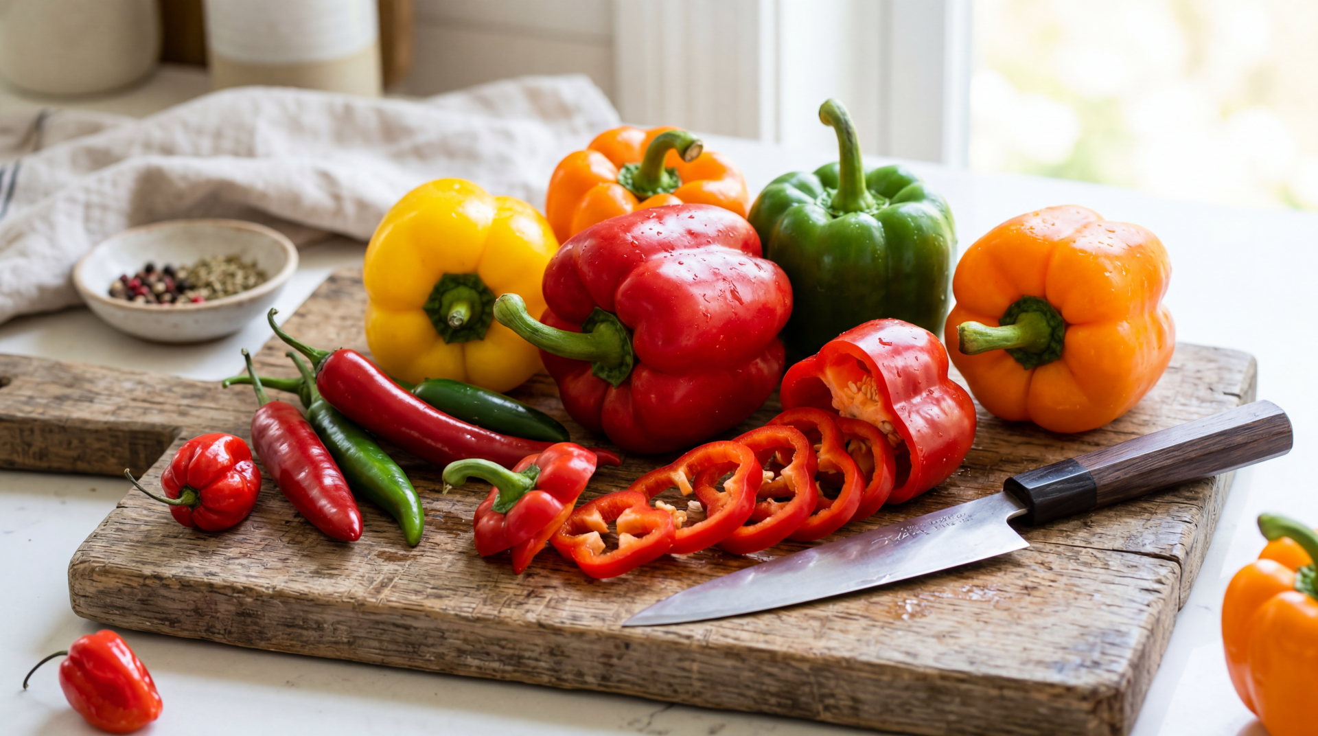 5K Ultra HD PC desktop wallpaper: colorful bell and chili peppers on a wooden cutting board, sliced red pepper and knife in a sunlit kitchen window.