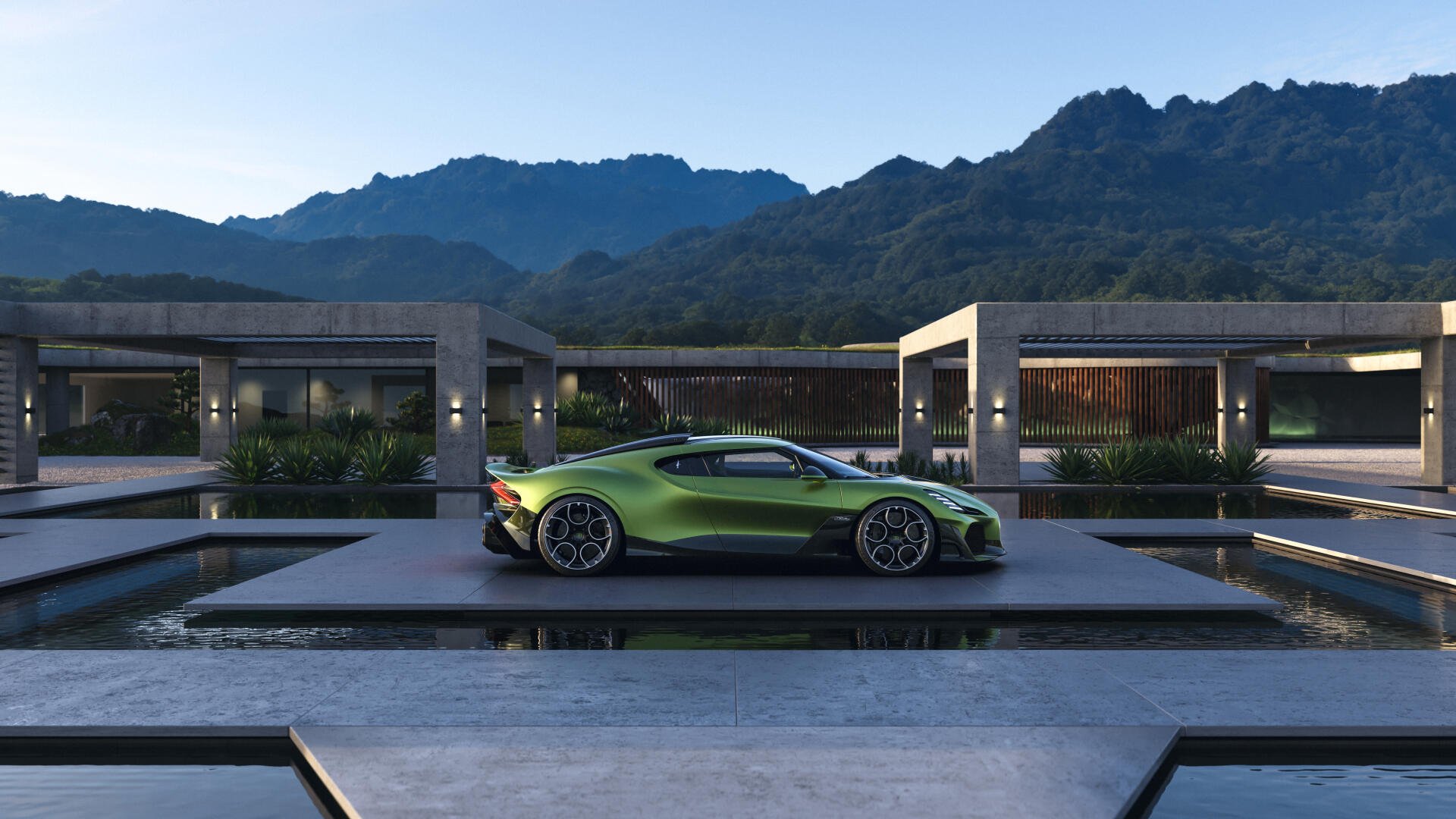 Green Bugatti Brouillard sports car on a reflective platform beside modern architecture and distant mountains — 5K Ultra HD PC desktop wallpaper/background.