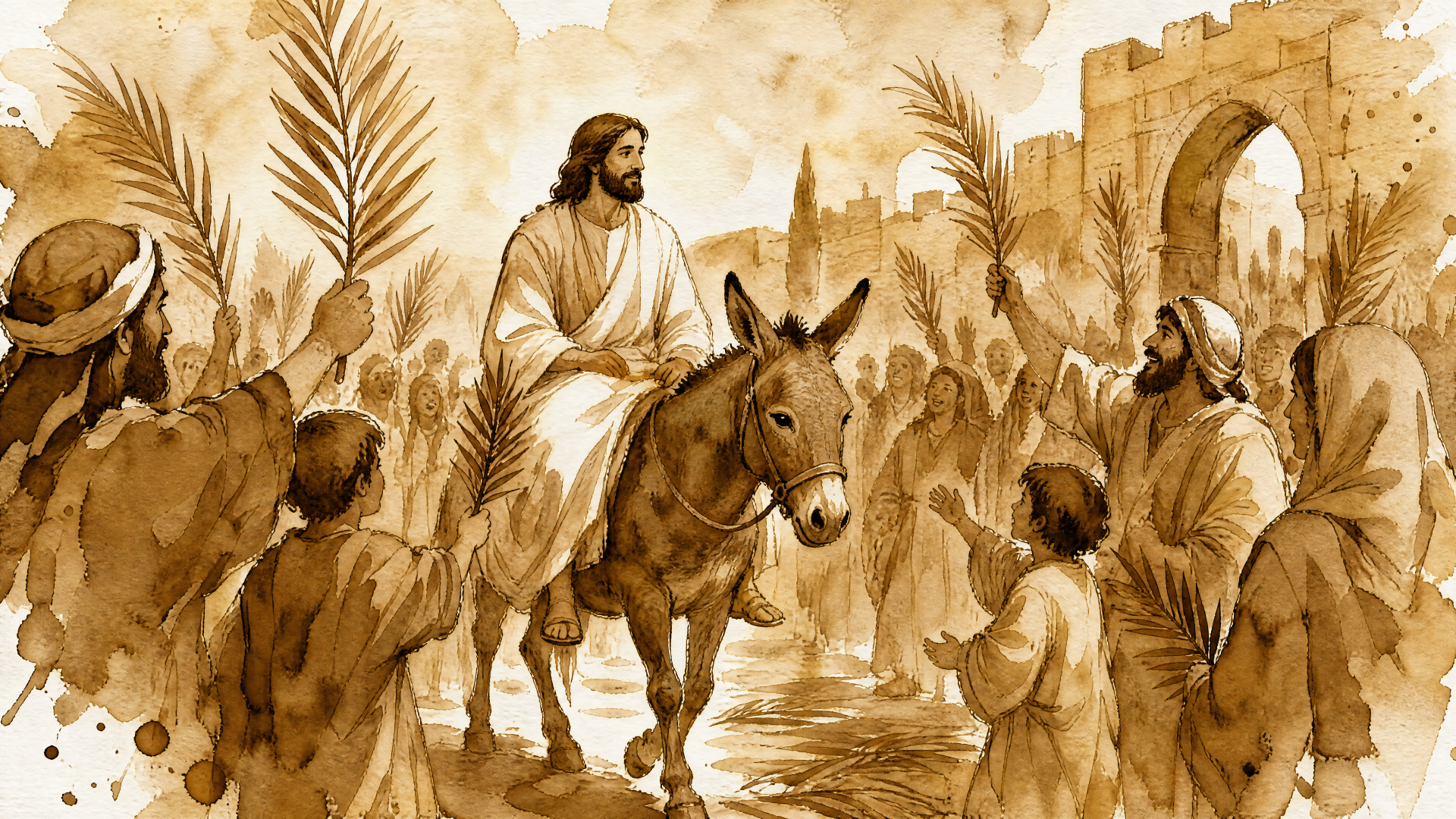 Palm Sunday 4K Ultra HD PC desktop wallpaper: sepia scene of Jesus riding a donkey through a crowd waving palm branches toward a city gate.
