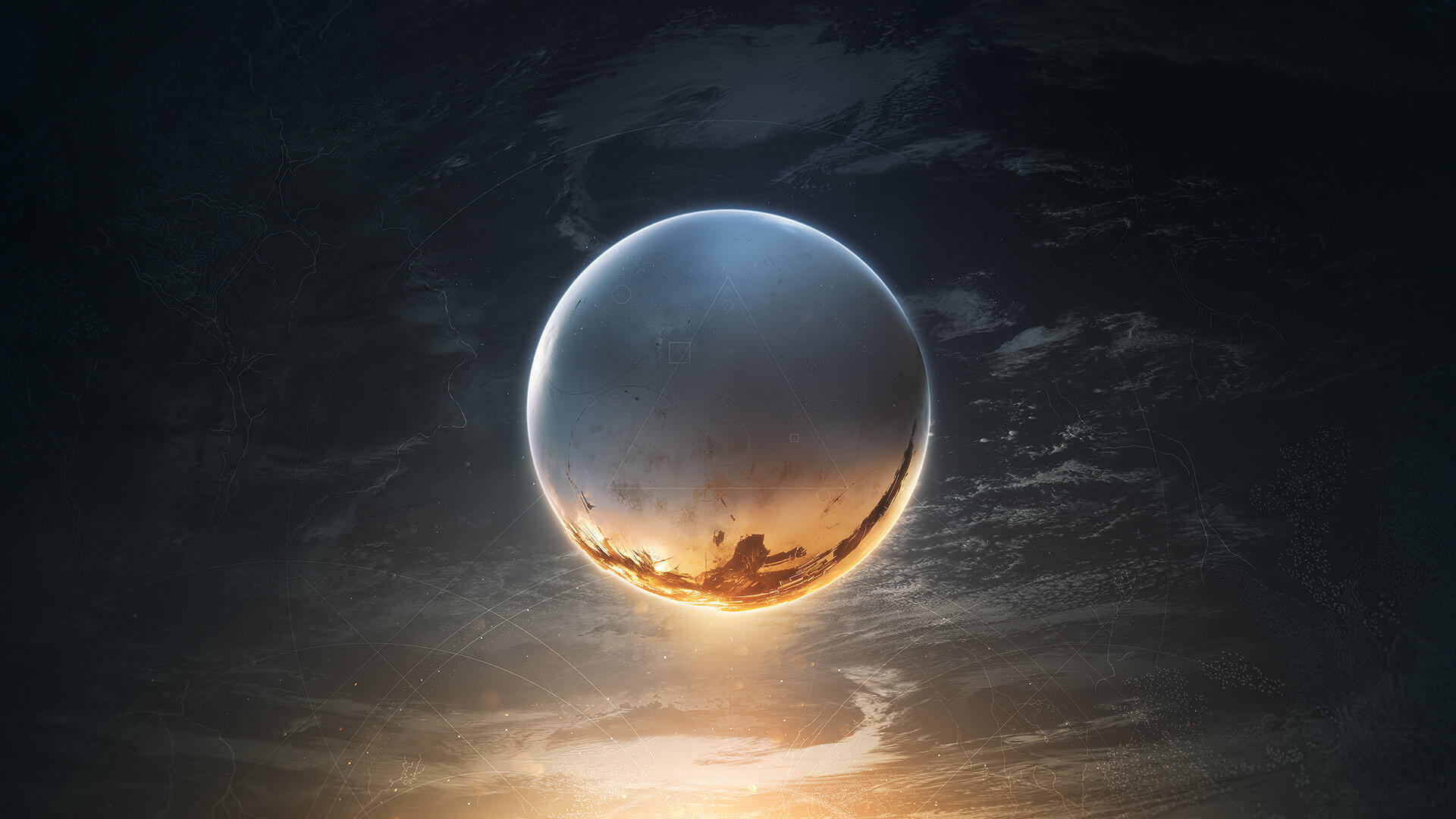 HD PC desktop wallpaper and background from the video game Destiny 2: the glowing Traveler sphere hovers over a sunlit horizon beneath brooding storm clouds.