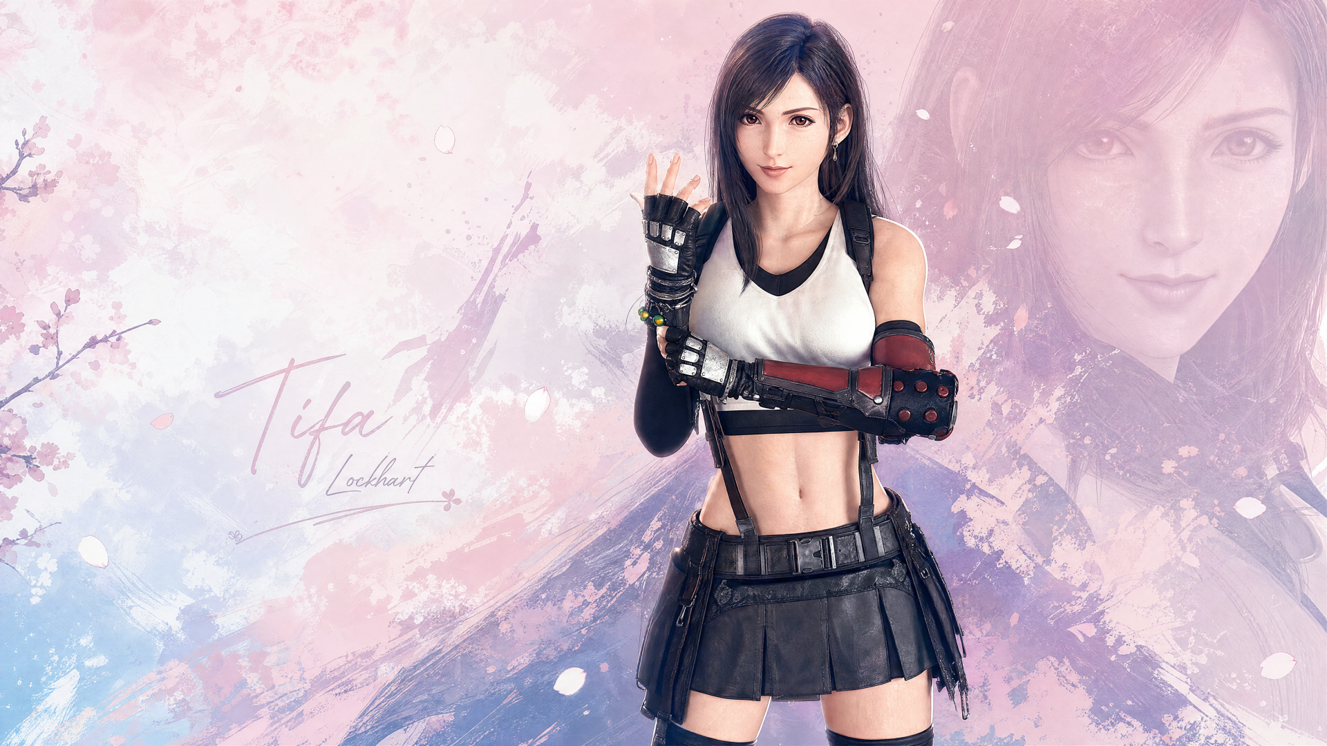 Tifa Lockhart in a 4K Ultra HD PC desktop wallpaper: confident pose, white tank and black skirt with gloves, soft pink-blue textured background with a faint portrait overlay.