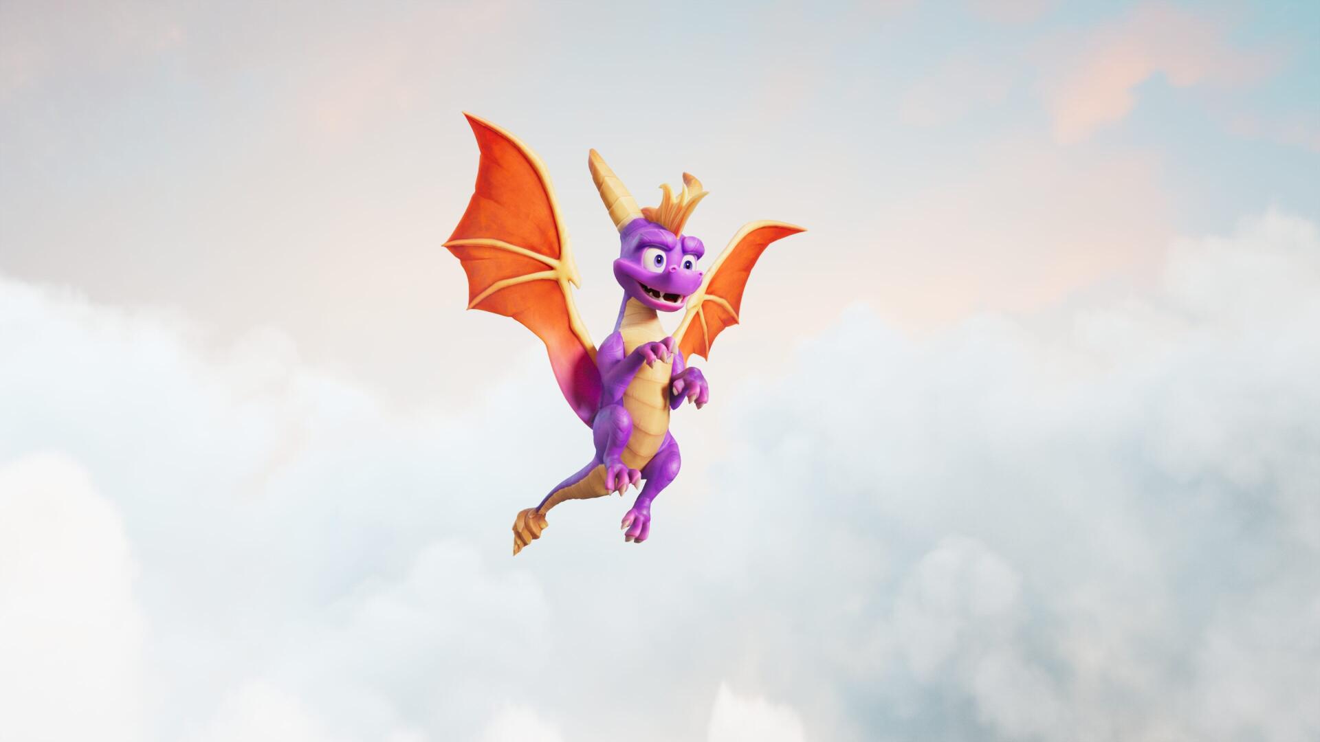 Purple dragon Spyro with a crown and orange wings soaring above soft clouds — 4K Ultra HD PC desktop wallpaper from the video game Spyro: A Realm Beyond.