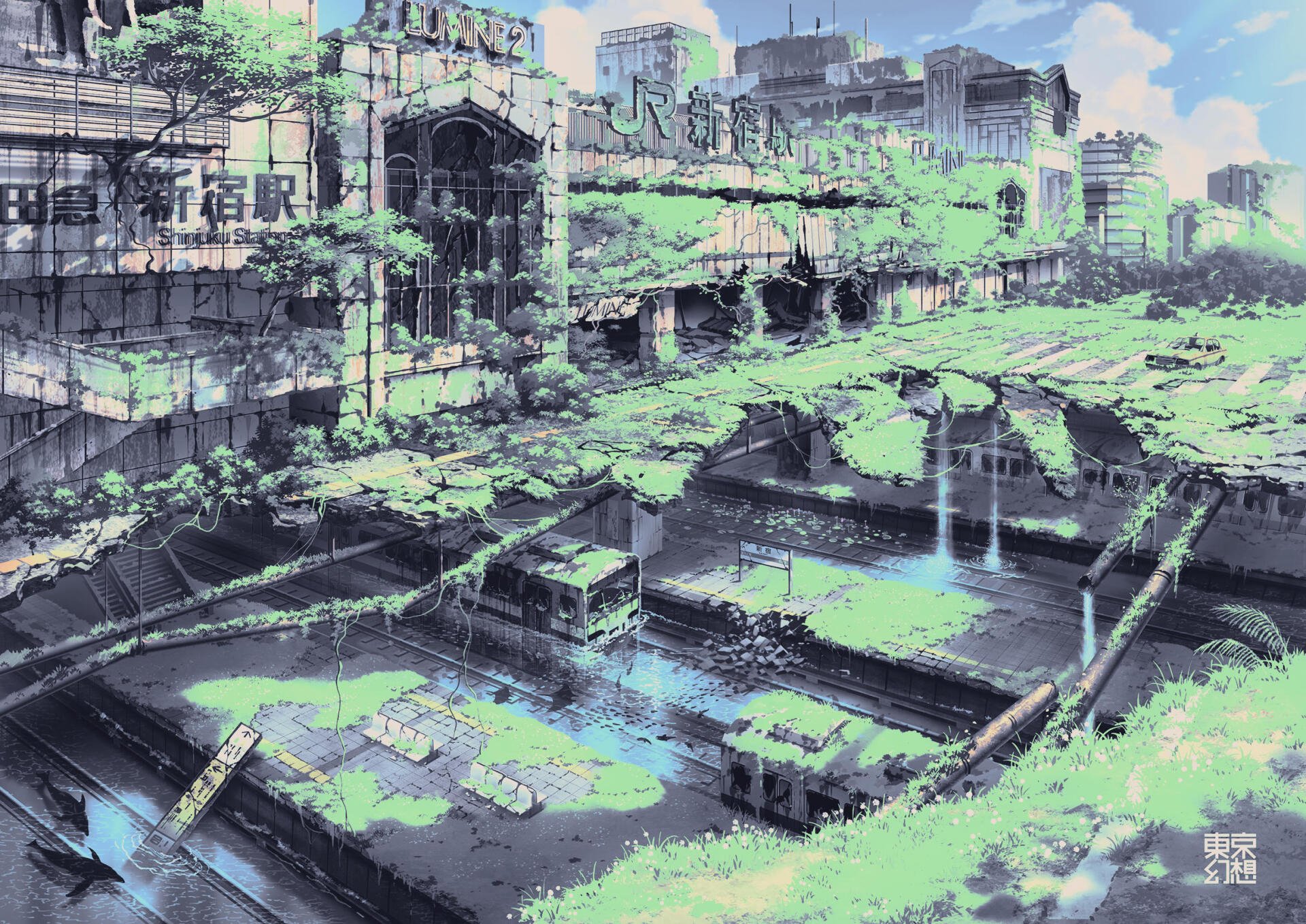 Digital art digital painting illustration artwork landscape; HD PC desktop wallpaper and background of overgrown terraced urban ruins, pools, bridges and cascading greenery.