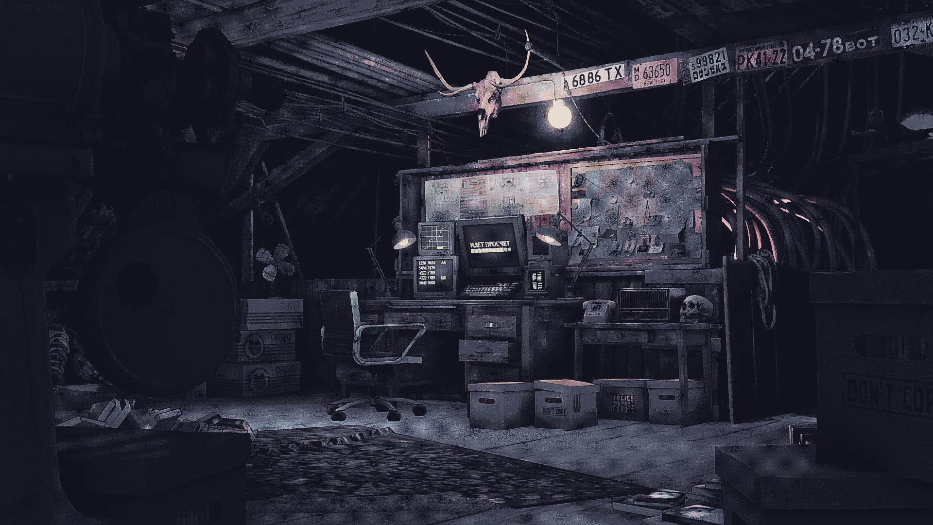 Dark digital painting illustration of an abandoned workshop: cluttered desk with retro PC, tools, hanging skull, crates and cables — HD PC desktop wallpaper background landscape artwork.