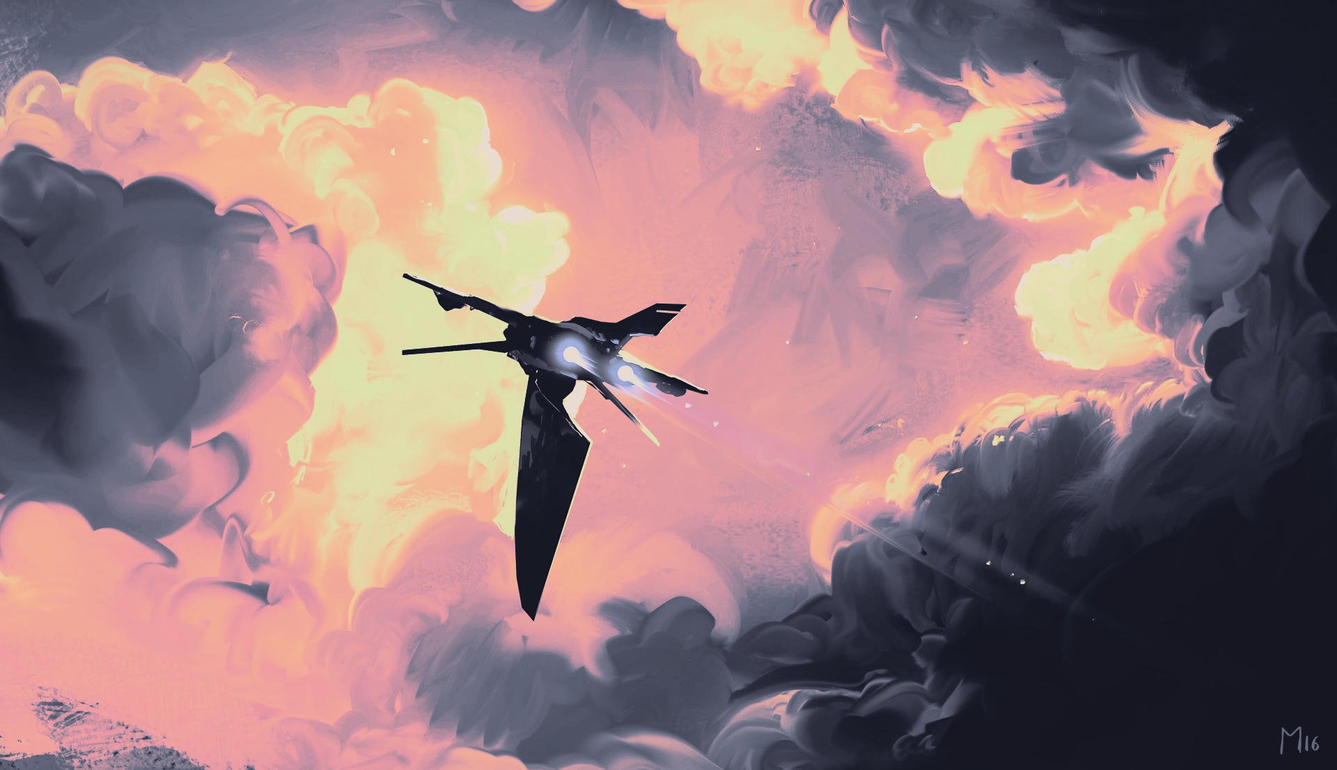 Digital painting illustration: landscape artwork of a silhouetted bird gliding through pink and purple storm clouds — HD PC desktop wallpaper/background.