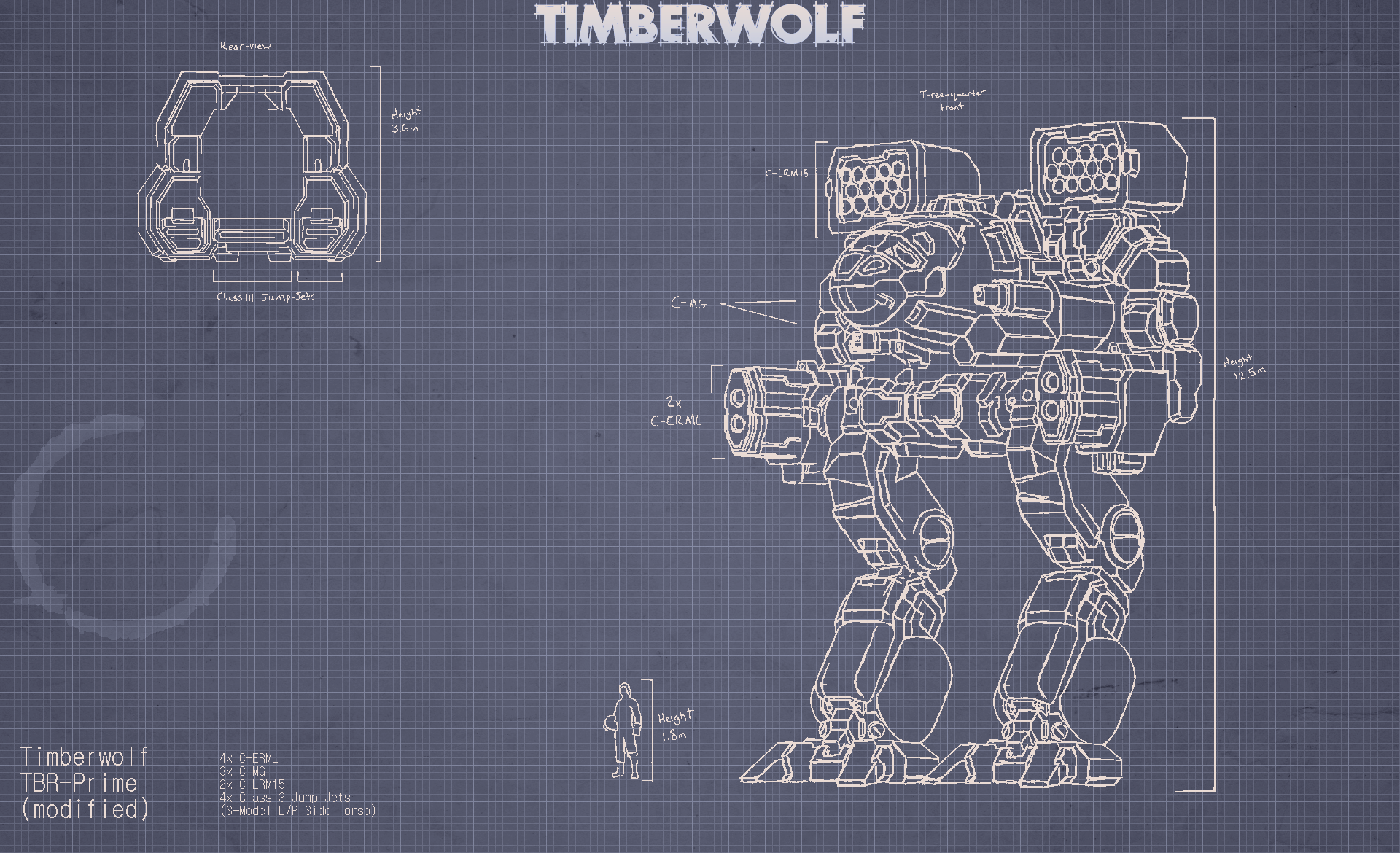 Blueprint-style digital painting illustration of a Timberwolf mech on a blue grid, artwork in landscape orientation — HD PC desktop wallpaper and background.
