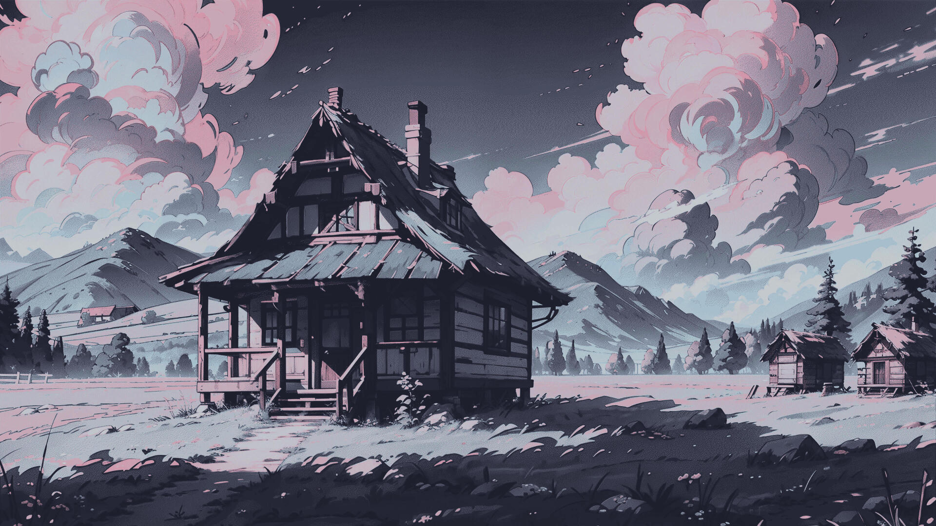 4K Ultra HD digital painting landscape illustration: a moody rural cabin with distant cottages beneath pink clouds and mountain peaks — digital art artwork PC desktop wallpaper background.