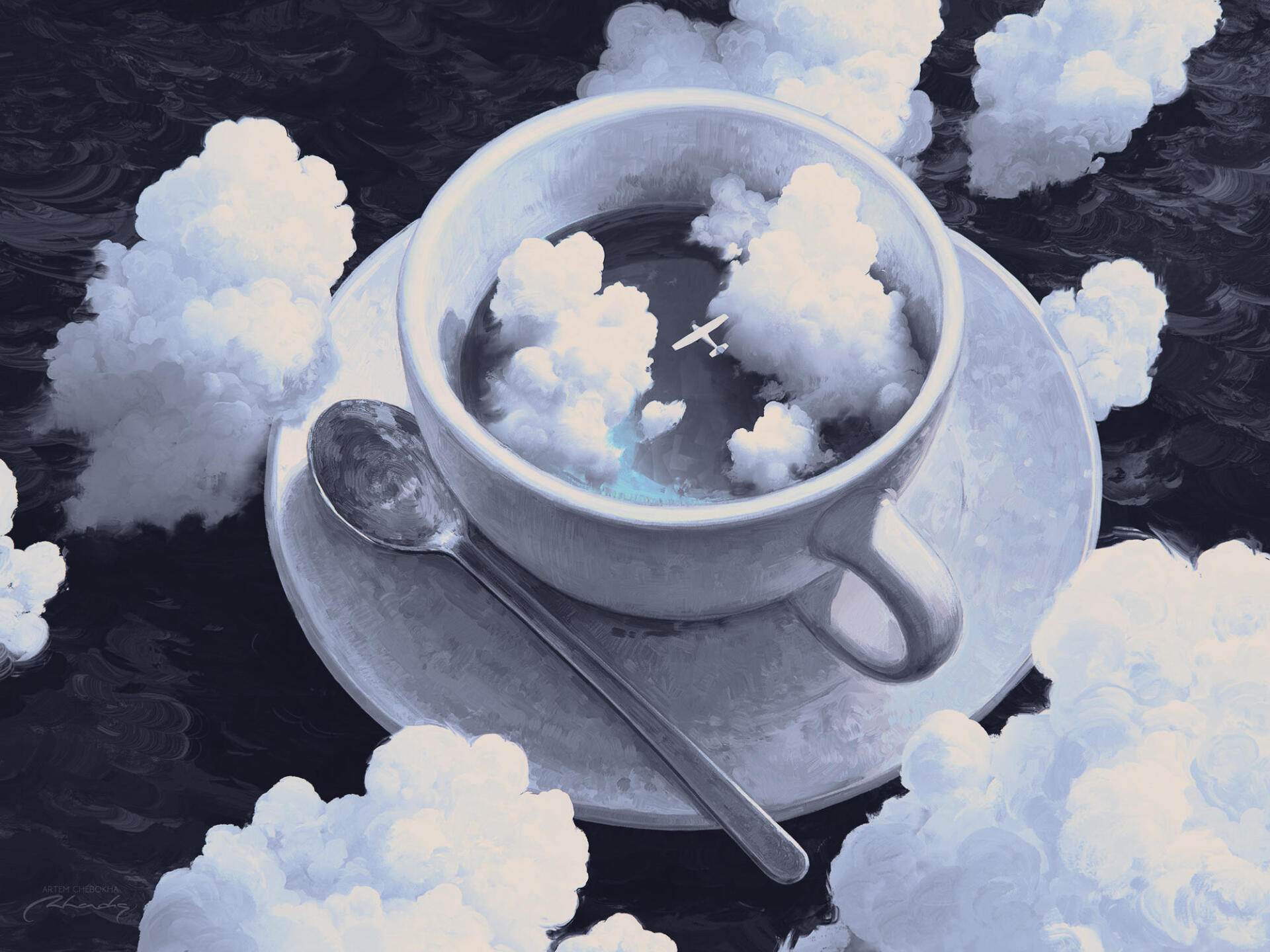 Digital art digital painting illustration: surreal landscape artwork HD PC desktop wallpaper showing a teacup on a saucer filled with clouds, clouds drifting around it and a spoon beside.