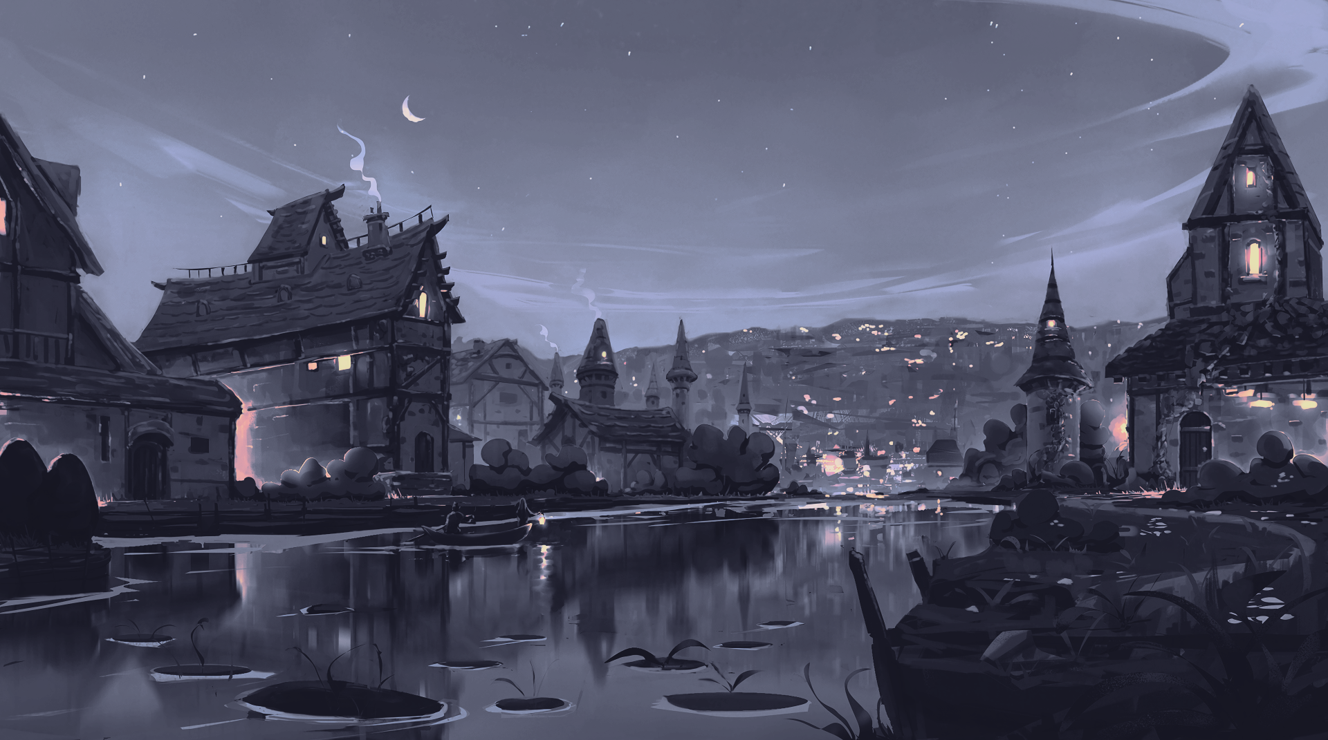 2K Quad HD digital painting illustration: moody moonlit village landscape artwork reflected in calm waters with boats and lily pads — PC desktop wallpaper and background.