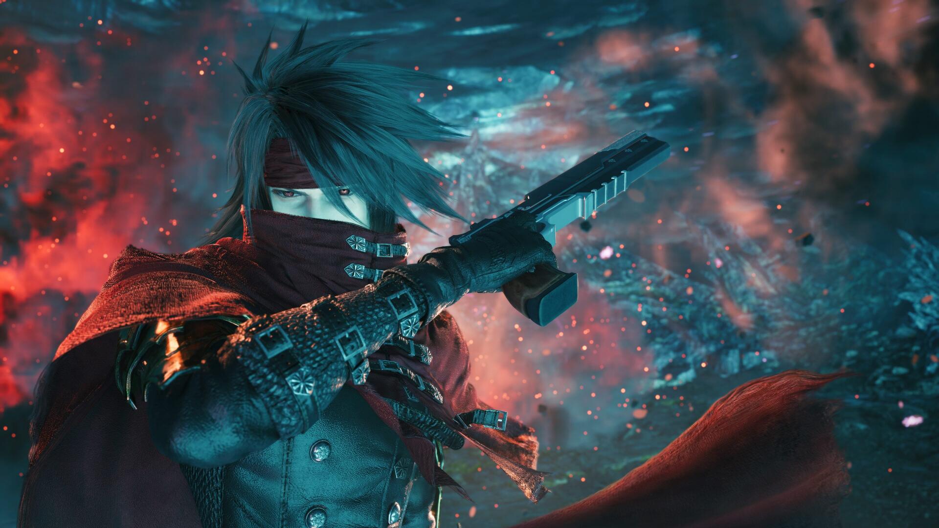 4K Ultra HD PC desktop wallpaper/background: Final Fantasy video game — Final Fantasy VII Revelation scene of a masked, gun-wielding hero in a red cloak amid glowing blue-red particles.