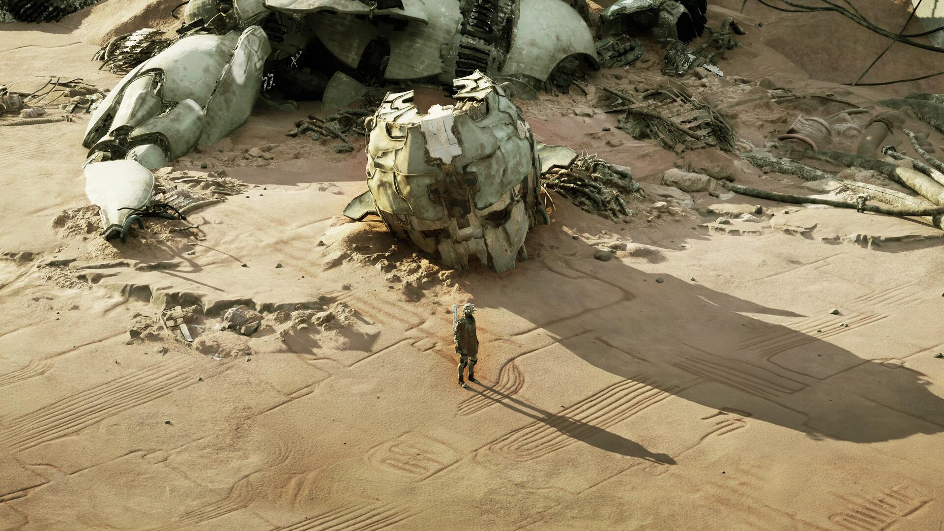4K Ultra HD PC desktop wallpaper of the video game gen ATLAS: lone explorer stands beside a ruined robotic skull amid windswept desert dunes under a harsh sun.