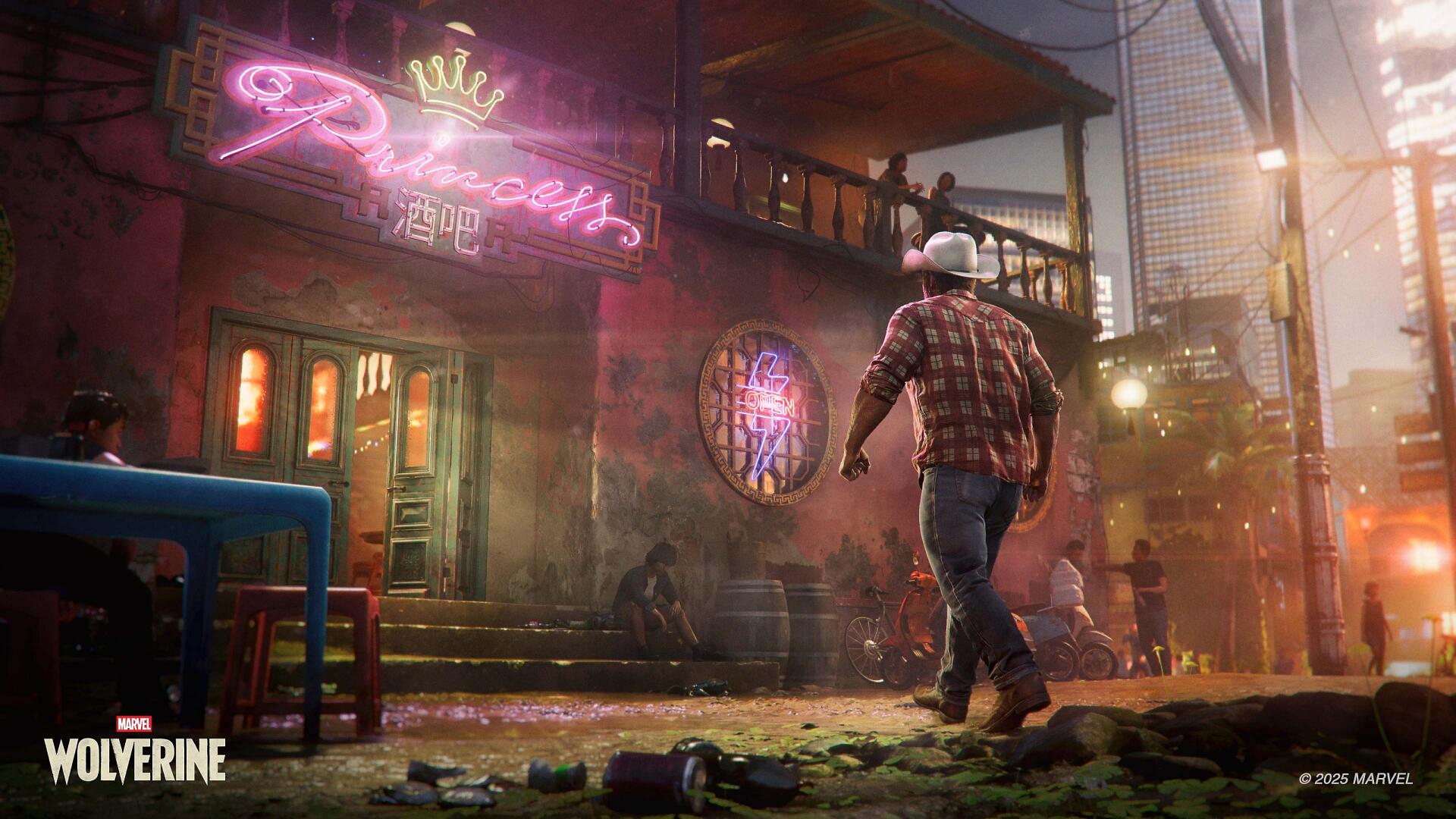Marvel's Wolverine (X-Men) 2K Quad HD PC wallpaper: a rugged, plaid-clad figure walks toward a neon Princess bar in a rain-slick, gritty city alley at night.