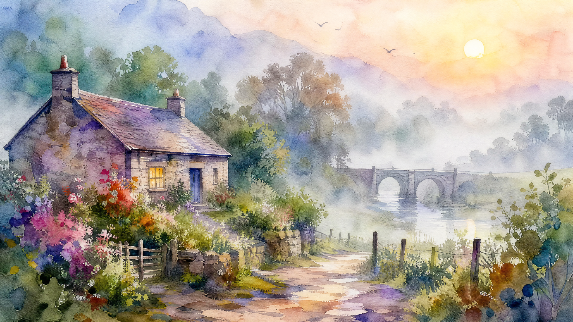 Watercolor-style foggy morning scene: stone cottage by a misty river, arched bridge, sun rising through haze and colorful flowers — 4K Ultra HD PC desktop wallpaper/background.